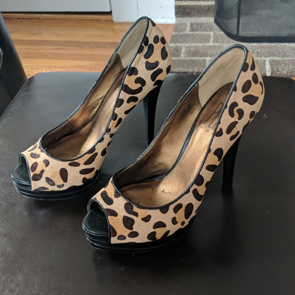 Pelle platform stiletto peep-toe heels leopard - Picture 1 of 6